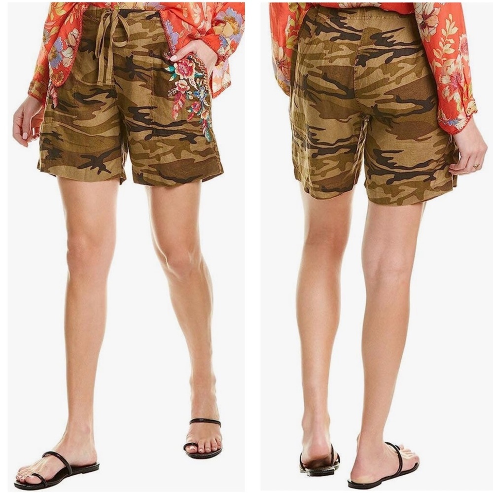 Johnny Was NWT Molly Camo‎ Boho Floral Embroidered 100% Linen Shorts Size Small